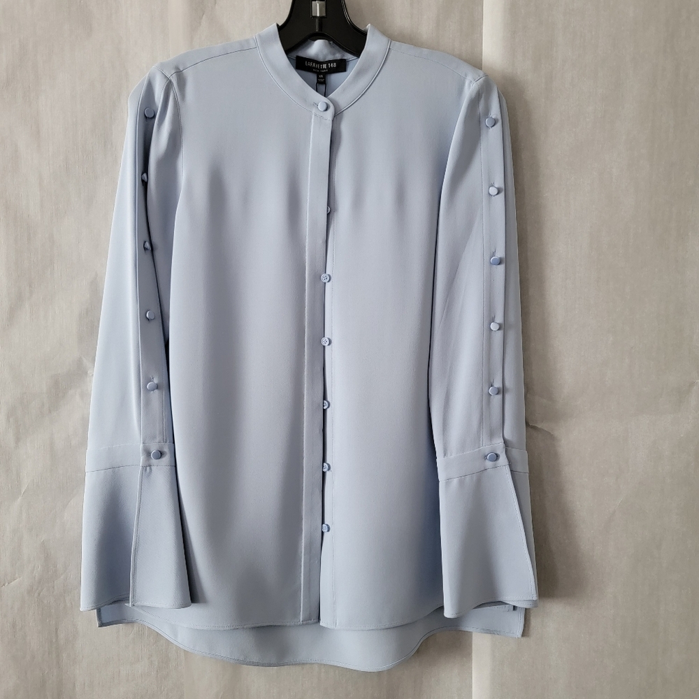 Lafayette 148 New York Nicolette Blue Silk Long Sleeve Blouse Women's XS NWT